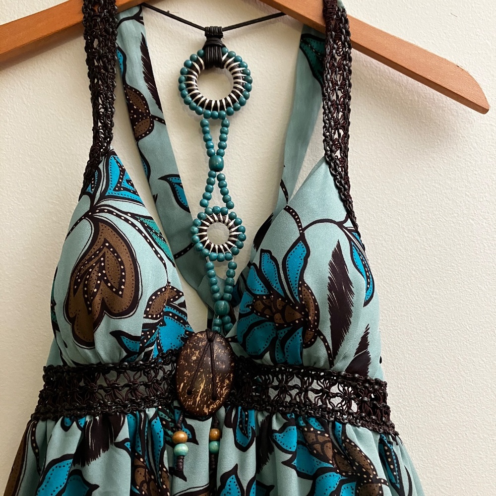 Boho Blue Floral & Tribal Print Maxi Dress